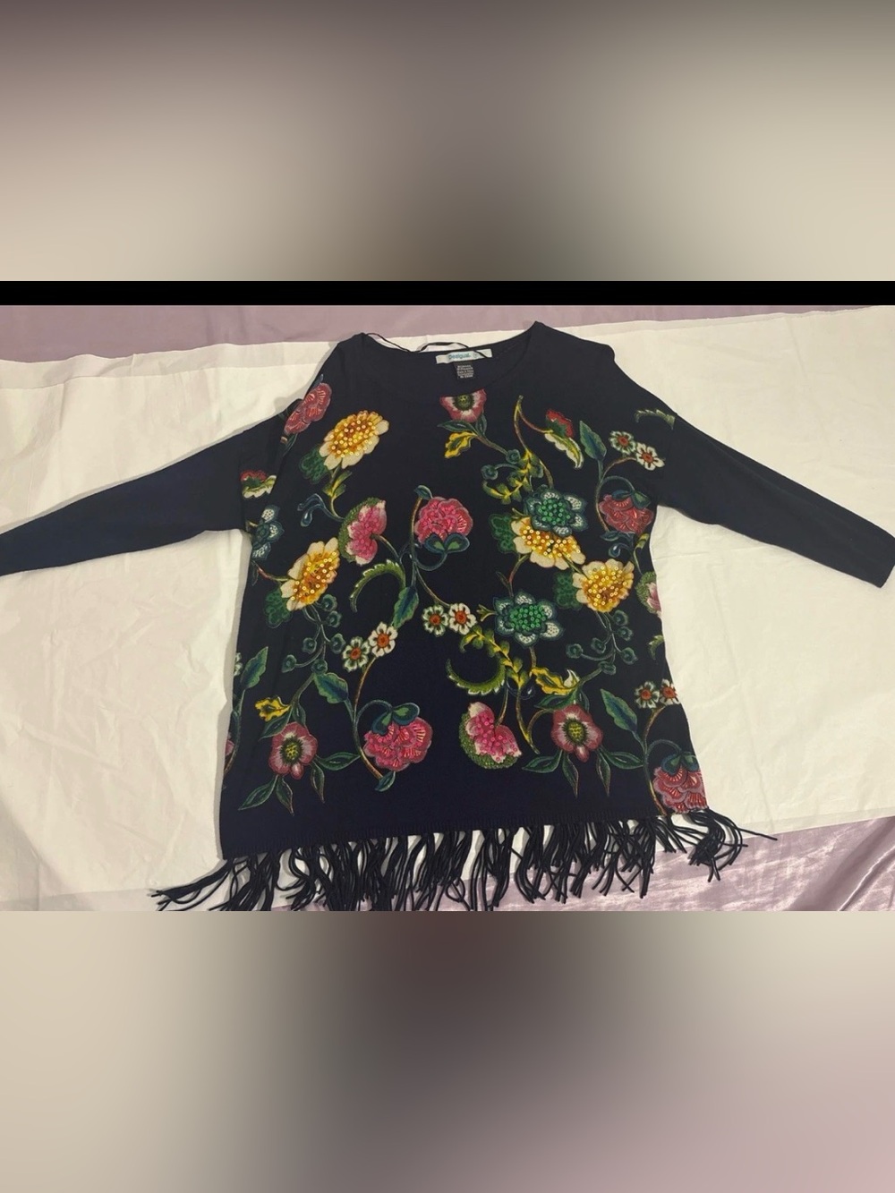 Desigual Floral Sequin Light Pullover Women's M Fringe - Picture 2 of 7